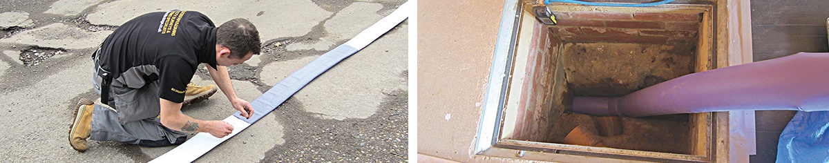 Case study rats underfoot The drain liner being prepared prior to installation. It is made of polyester, so it stores flat and flexible. The liner is impregnated with resin, once installed and inflated to the host pipe the resin cures and solidifies.